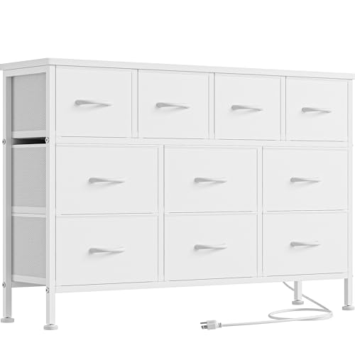 YaFiti Dresser TV Stand with Power Outlet, 43" Long Dresser for Bedroom with 10 Fabric Drawers, Chest of Drawers for Living Room, Hallway (White)