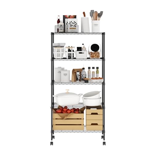 Furinno Wayar 5-Tier Metal Storage Shelf Rack Cart with Casters, 30 x 14 x 58, Black