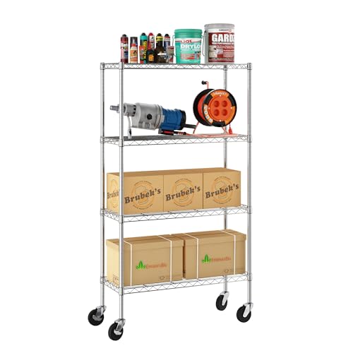 Furinno Wayar 4-Tier Metal Storage Shelf Rack Cart with Casters, 36 x 14 x 58, Stainless Steel