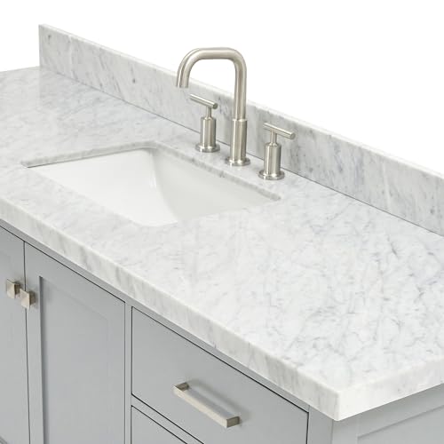 ARIEL Single Bath Vanity 67" Inch Grey, 1.5" Edge Carrara Marble Countertop & Splash, Rectangular Sink, 2 Soft Closing Doors, 9 Full Extension Dovetail Drawers, Brushed Nickel