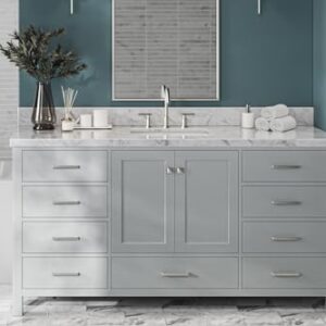 ARIEL Single Bath Vanity 67" Inch Grey, 1.5" Edge Carrara Marble Countertop & Splash, Rectangular Sink, 2 Soft Closing Doors, 9 Full Extension Dovetail Drawers, Brushed Nickel