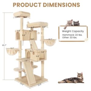 SHA CERLIN 65in Larger Cat Tree Tower Condo for Indoor Cats, Multi-Level Furniture Activity Center with Wide Base/Cozy Plush Cat Perches/Baskets/Sisal Scratching Posts and Hammock/Beige