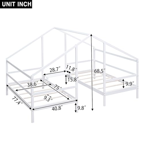 BOVZA Double Twin Size Triangular House Beds for Kids, Wood Bed Frame with Built-in Table, 2 Twin Platform Beds for Kids Teens, White