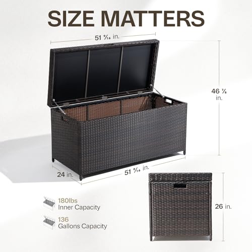 Idzo Outdoor Wicker Storage Box, 1000 Hours UV Wicker Cushion Storage Box for Patio Durable Against Water & Weather, 136 Gallon Large Deck Box, Soft-Close Hinge & Extra Poly Bag Included - Brown