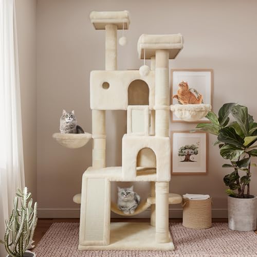 SHA CERLIN 65in Larger Cat Tree Tower Condo for Indoor Cats, Multi-Level Furniture Activity Center with Wide Base/Cozy Plush Cat Perches/Baskets/Sisal Scratching Posts and Hammock/Beige