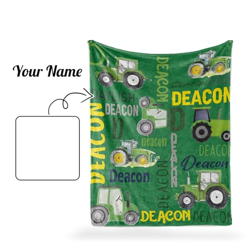 Personalized Tractors Blanket - Custom Name with Farm Tractor Trucks Design - Soft Plush Flannel Bed Blanket for Baby Kid Teen Boys Girls Customized Gifts Green