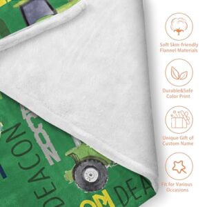 Personalized Tractors Blanket - Custom Name with Farm Tractor Trucks Design - Soft Plush Flannel Bed Blanket for Baby Kid Teen Boys Girls Customized Gifts Green