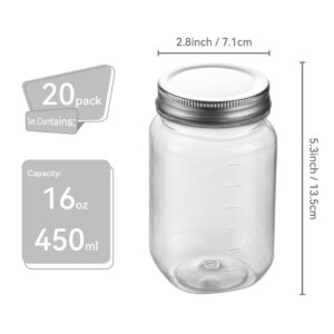 Naivees Clear Mason Jars 16 Ounce Plastic Storage Containers with Silver Screw-On Airtight Lids 20 Pack Plastic Jars,BPA Free