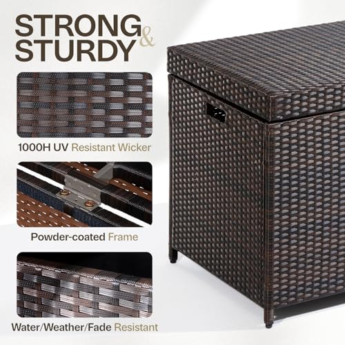 Idzo Outdoor Wicker Storage Box, 1000 Hours UV Wicker Cushion Storage Box for Patio Durable Against Water & Weather, 136 Gallon Large Deck Box, Soft-Close Hinge & Extra Poly Bag Included - Brown