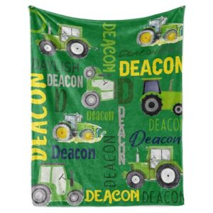 personalized tractors blanket - custom name with farm tractor trucks design - soft plush flannel bed blanket for baby kid teen boys girls customized gifts green