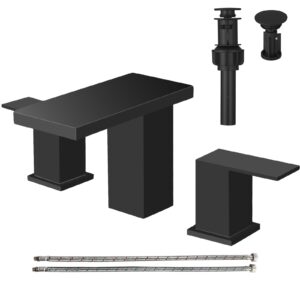 hoimpro 8 inch widespread waterfall bathroom sink faucet, square two handle vanity black bathroom faucet with cupc supply hose, 3 holes faucet with pop up drain, stainless steel, matte black