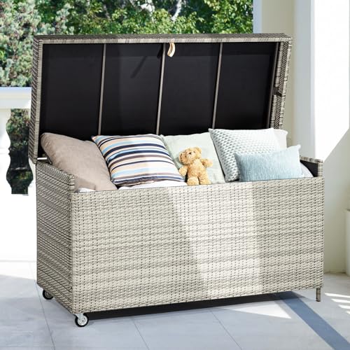 Idzo Outdoor Wicker Storage Box, 1000 Hours UV Wicker Cushion Storage Box for Patio Durable Against Weather, 200 Gallon Extra Large Deck Box, Soft-Close Hinge Included - Light Gray