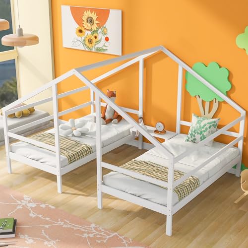 BOVZA Double Twin Size Triangular House Beds for Kids, Wood Bed Frame with Built-in Table, 2 Twin Platform Beds for Kids Teens, White