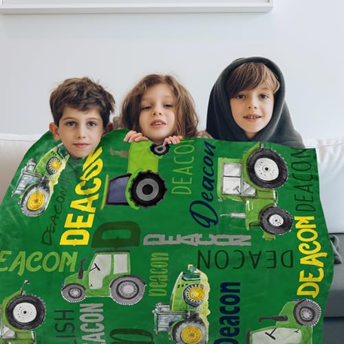 Personalized Tractors Blanket - Custom Name with Farm Tractor Trucks Design - Soft Plush Flannel Bed Blanket for Baby Kid Teen Boys Girls Customized Gifts Green