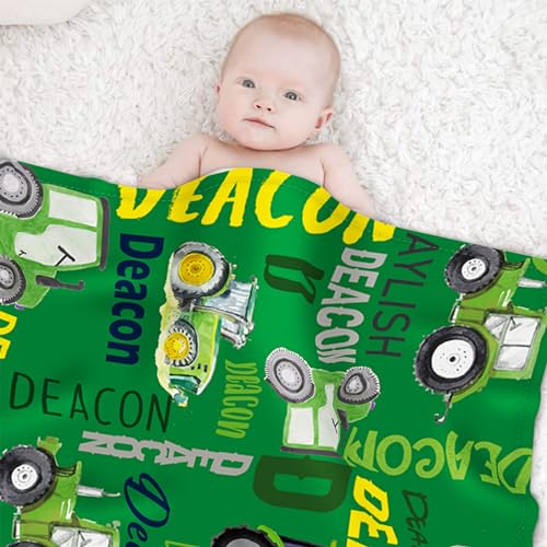 Personalized Tractors Blanket - Custom Name with Farm Tractor Trucks Design - Soft Plush Flannel Bed Blanket for Baby Kid Teen Boys Girls Customized Gifts Green