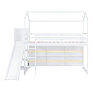 Merax Twin Size House Loft Bed with Slide and Storage Shelves, Wood Loft Bed for Boys & Girls (White)