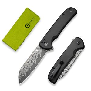 civivi chevalier ii folding pocket knife, button lock knife for edc 3.47" damascus sheepsfoot blade plus aluminum handle, utility knife for men women gift c20022b-ds1