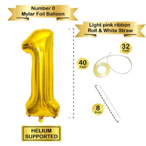 40 Inch Gold Number Balloons, Helium Mylar Foil Number Balloons for Birthday, Number 1 Balloon for 1st Birthday Decorations for Kids, Anniversary Party Decorations Supplies