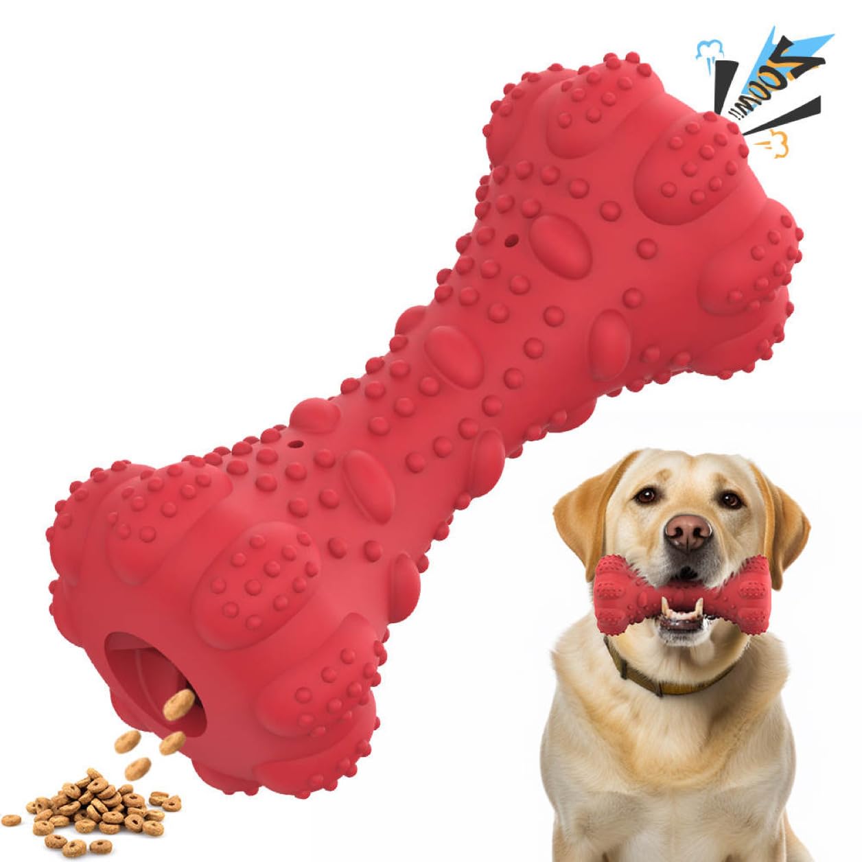 2 in 1 Premium Dog Toy, Dog Toys for Aggressive chewers, Combinated Food Dispenser and Speaker Function, Unique Design, Easy to Chew; 100% Safe Natural Rubber; for All Breed and Species