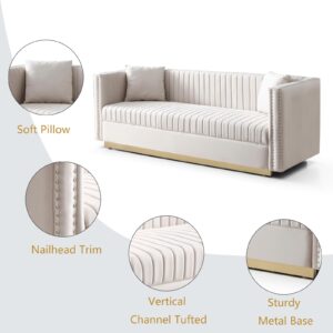 Homtique Velvet Couch, Modern Vertical Channel Tufted Comfy Sofa Couch with Nailhead Trim Square Arms and 2 Pillows, 3 Seater Couchs for Living Room, Apartment(Beige)