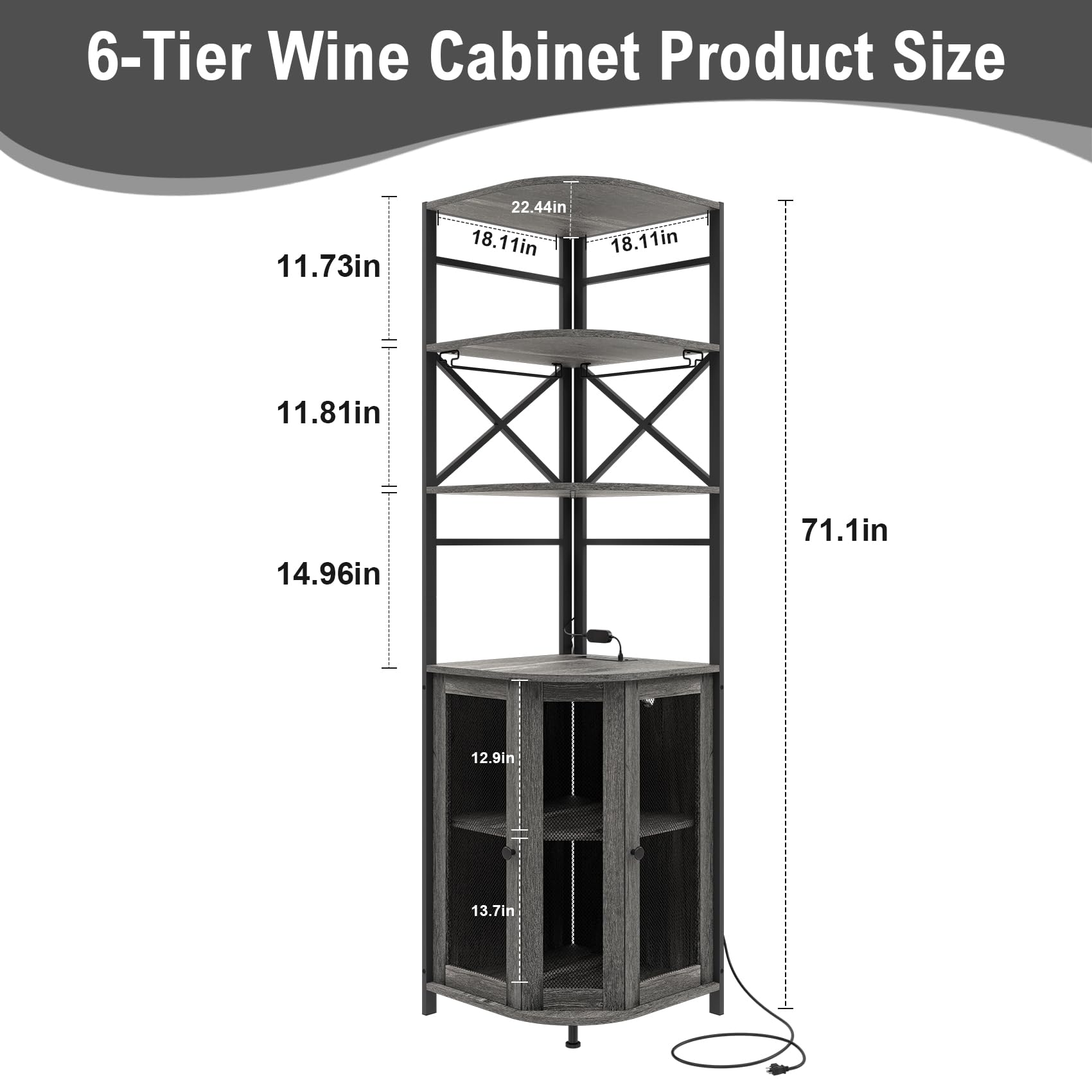 Aufvolr Wine Bar Cabinet with Power Outlet, 6-Tiers Industrial Wine Cabinet with LED Light and Glass Holder, Corner Bar Cabinet with Adjustable Shelf and Mesh Door, Liquor Cabinet Bar for Home