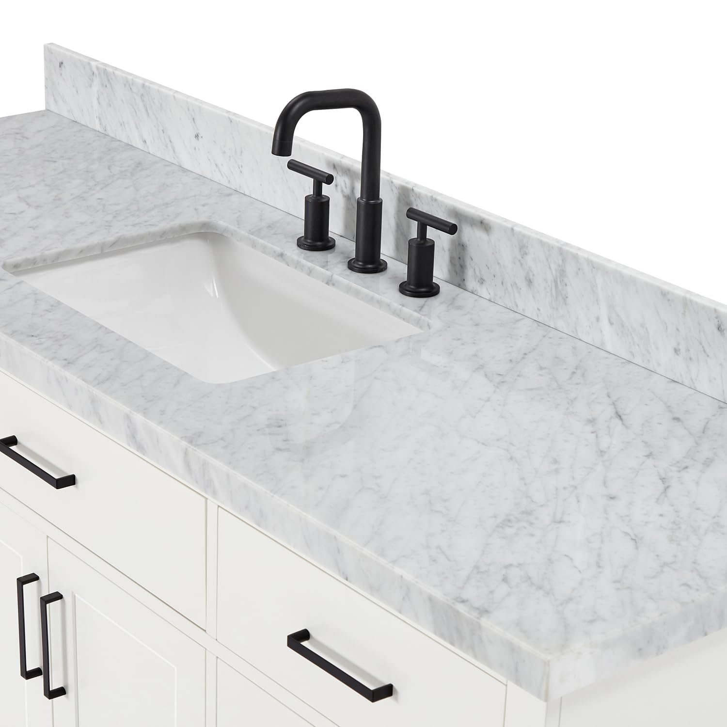 ARIEL Single Bath Vanity 67" White, 1.5" Carrara Marble Countertop & Splash, Rectangular Sink, 2 Soft Closing Doors, 9 Full Extension Dovetail Drawers, Toe Kick, Matte Black