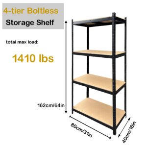 4 Shelf Black Garage Shelving Unit, Adjustable Heavy Duty Storage Shelving Unit 1410lbs Capacity, Commercial Metal Shelving for Pantry Kitchen Pantry Closet, 64H x 31W x 16D in