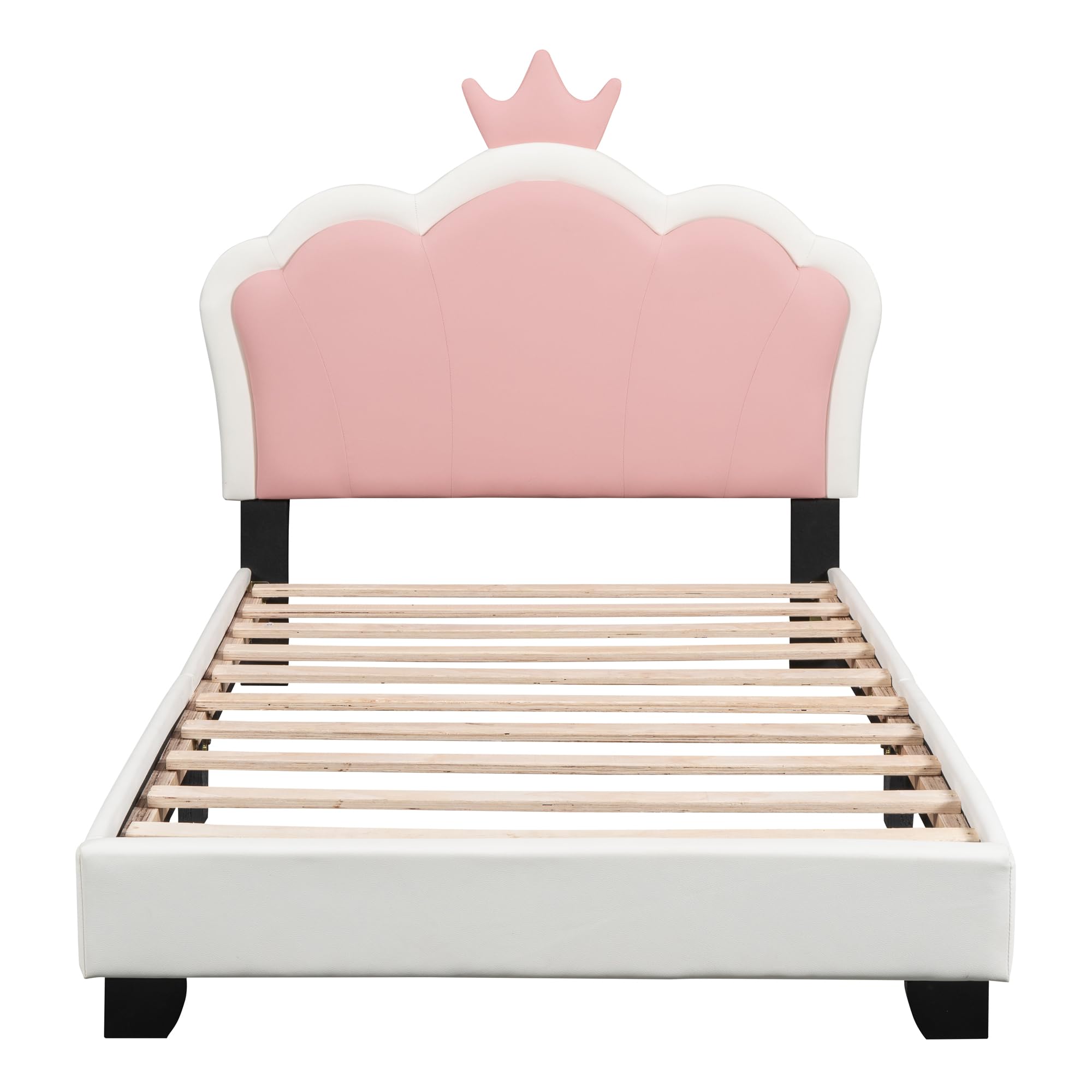 Brabrety Twin Size Upholstered Princess Platform Bed with Crown Headboard and Footboard,for Kids Boys Girls Teens Bedroom Use (White+Pink@Crown, Twin)