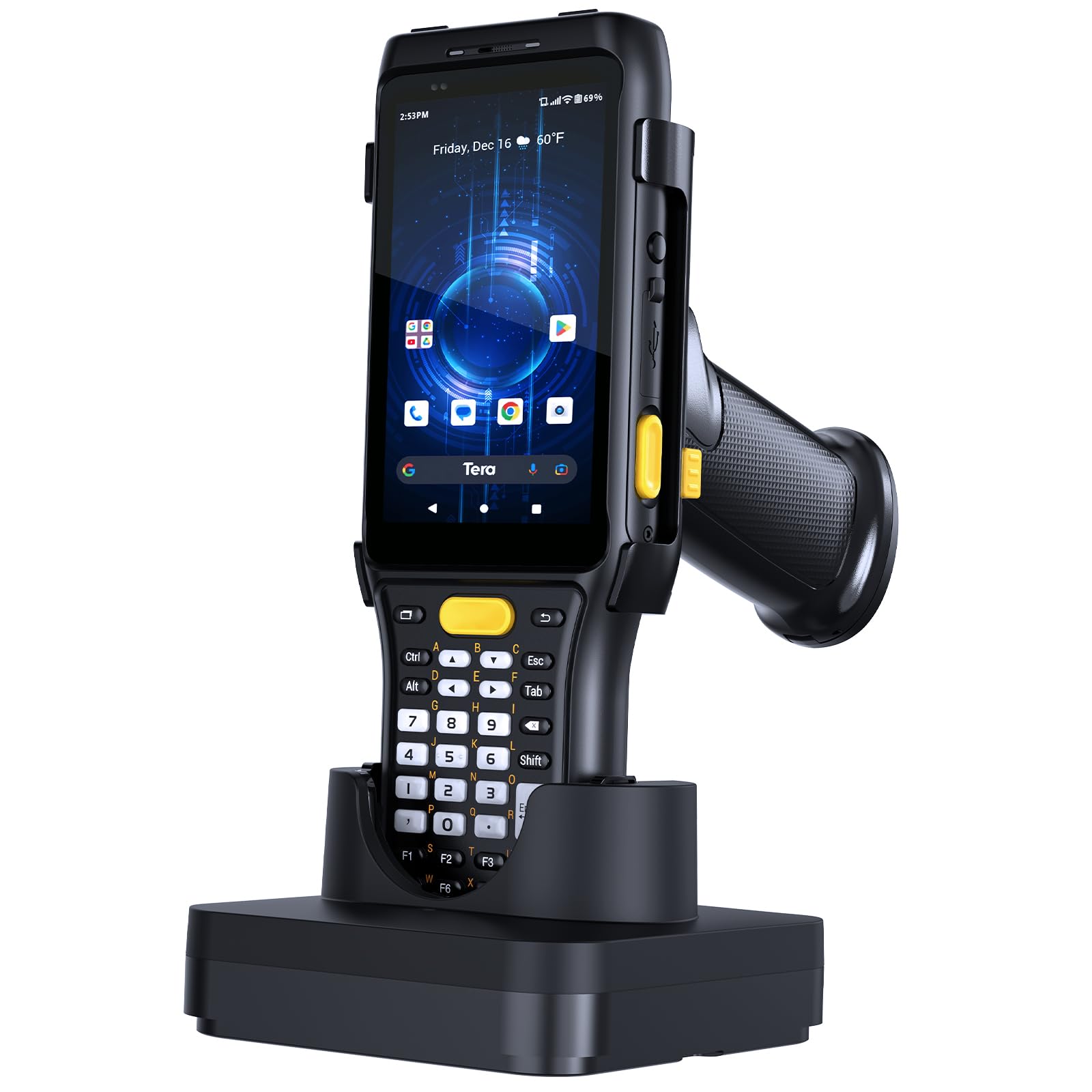 Tera Pro Android Barcode Scanner: 37 Keys Zebra SE4750MR Scan-Range 13FT Qualcomm CPU 6700mAh with Hot-swap Android 11 1D 2D QR Handheld PDA Charging Cradle Pistol Grip 4G BT 5.0 Wi-Fi GPS P161