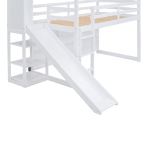 Merax Twin Size House Loft Bed with Slide and Storage Shelves, Wood Loft Bed for Boys & Girls (White)