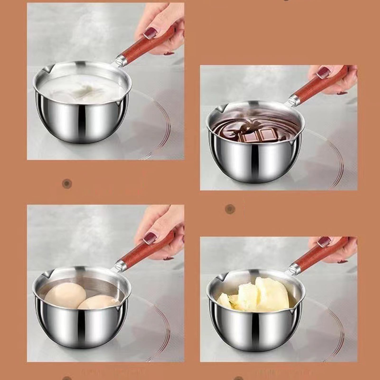 Mini Oil Warmer Pot,300ml Stainless Steel Oil Milk Warmer Pan Small Saucepan Butter Melting Warmer Pot with Wooden Handle and Dual Pour Spout for Kitchen Frying Drizzling Pouring