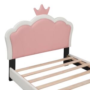 Brabrety Twin Size Upholstered Princess Platform Bed with Crown Headboard and Footboard,for Kids Boys Girls Teens Bedroom Use (White+Pink@Crown, Twin)