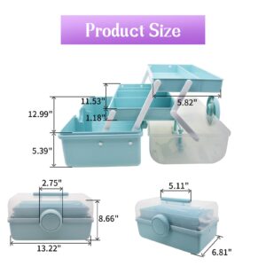 MXCELL 3-Tier Plastic Crochet Organizer Bins with Handle, 13.8 Inch Portable Makeup Case/Sewing Kit Box/Art Craft Supplies Box/Tackle Storage Box/Family First Aid Kit Container with 2 Trays (Blue)