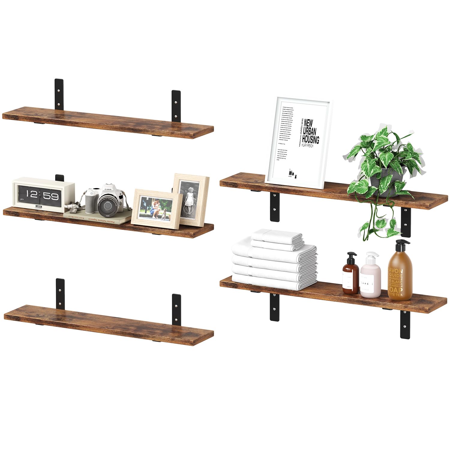 YIJIALEA 5-Piece 24'' Floating Shelves, Wood Bathroom Shelves Over Toilet, Farmhouse Bookshelves for Living Room, Kitchen, Storage and Wall Decor, MDF, 50 lbs Capacity