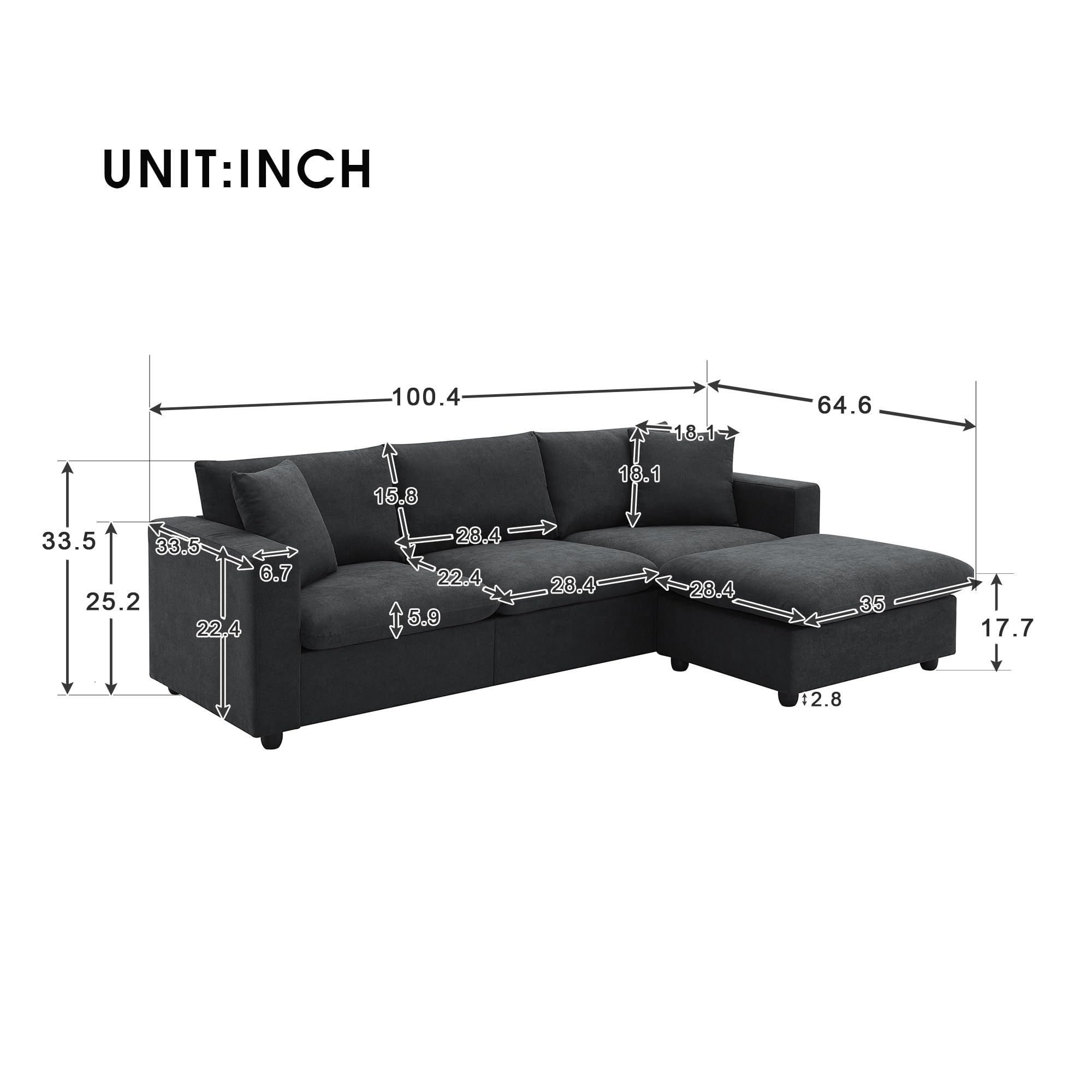 SCANORDIC 100.4" Convertible Couches for Living Room, L-Shape Modular Sectional Sofa with Reversible Chaise and 2 Pillows, Modern Sectional Couches for Living Room, Apartment, Office, Black