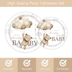 We Can Bearly Wait Bear Baby Shower Party Supplies Serves 24, Includes Plates, Napkins, Forks, Brown Nude Party Tableware Set for Boy Girl, Total 96PCS