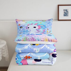 Cartoon Axolotl Kids Comforter Set Twin Size,Mermaid Scales Marine Romantic Bedding Set,Girls Boys Women Room Decor,Ocean Animals Cute Down Comforter,Blue Purple Dreamy Duvet Insert,1 Pillowcase