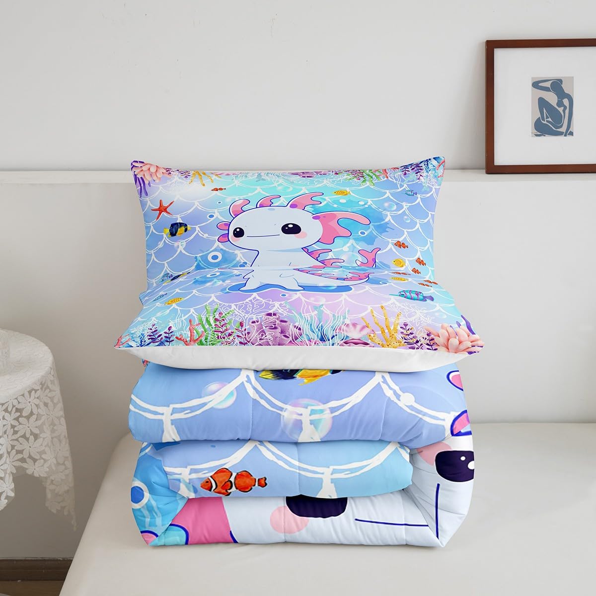 Cartoon Axolotl Kids Comforter Set Twin Size,Mermaid Scales Marine Romantic Bedding Set,Girls Boys Women Room Decor,Ocean Animals Cute Down Comforter,Blue Purple Dreamy Duvet Insert,1 Pillowcase