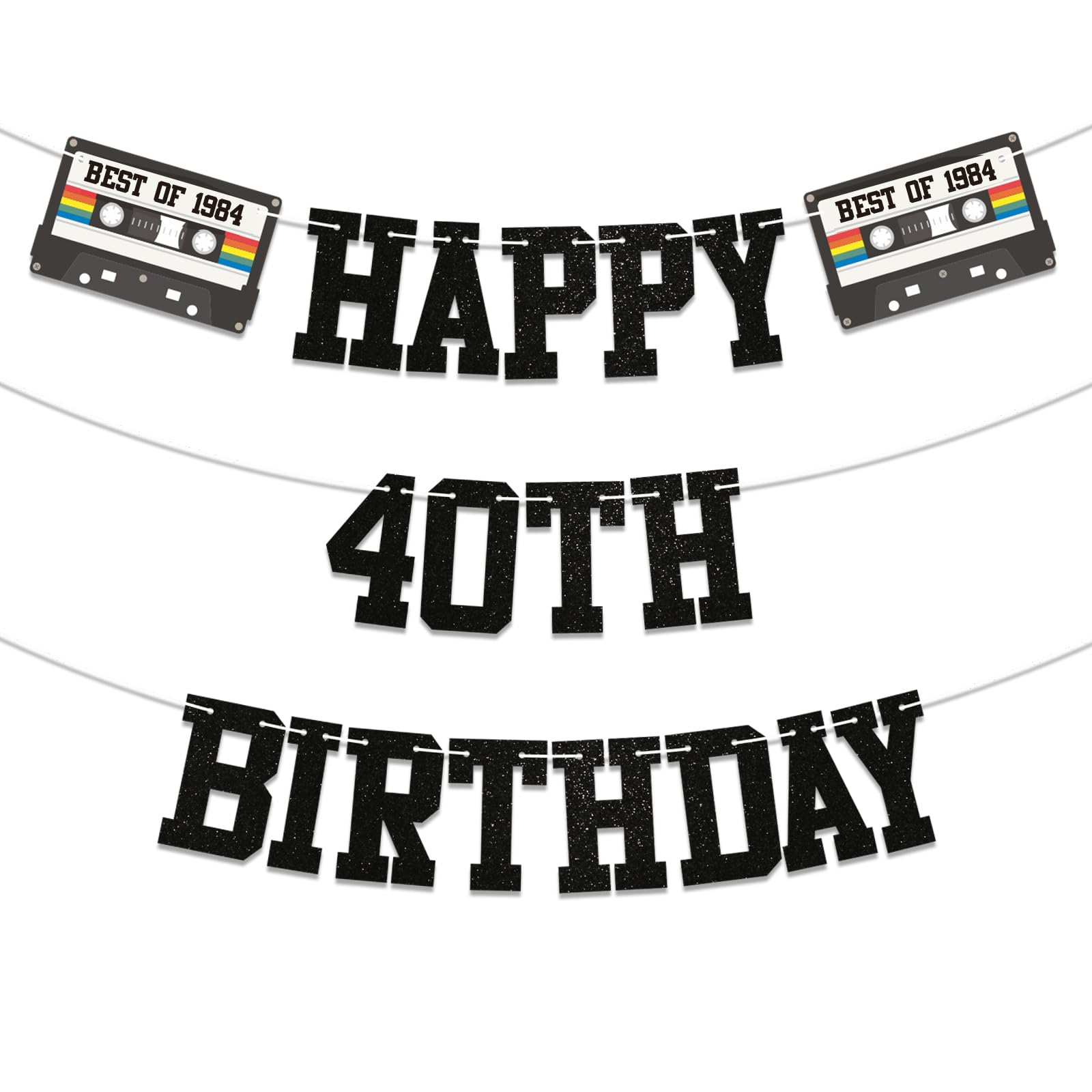 Happy 40th Birthday Banner - 40th Birthday Party Decorations, Retro Cassette Tape Best of 1984 Bunting Garland, 80’s Theme Party Supplies Black Glitter