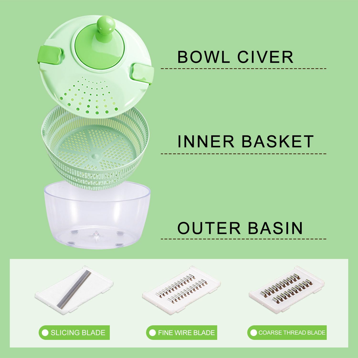 5 In 1 Salad Spinner, Large Salad Spinner with Vegetable Chopper, Drain, Bowl, And Colander, Multi-Use Lettuce Spinner, Fruit Washer, Wash, Spin and dry Salad Greens, Fruits & Vegetables (green)