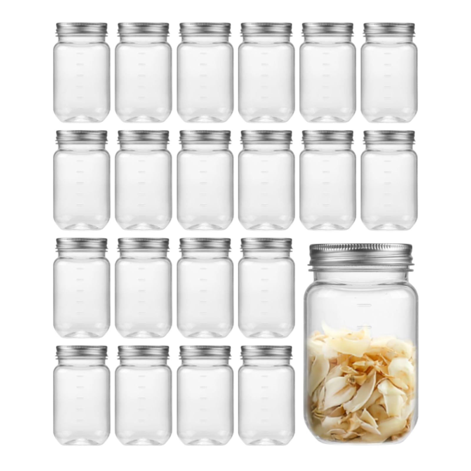 Naivees Clear Mason Jars 16 Ounce Plastic Storage Containers with Silver Screw-On Airtight Lids 20 Pack Plastic Jars,BPA Free