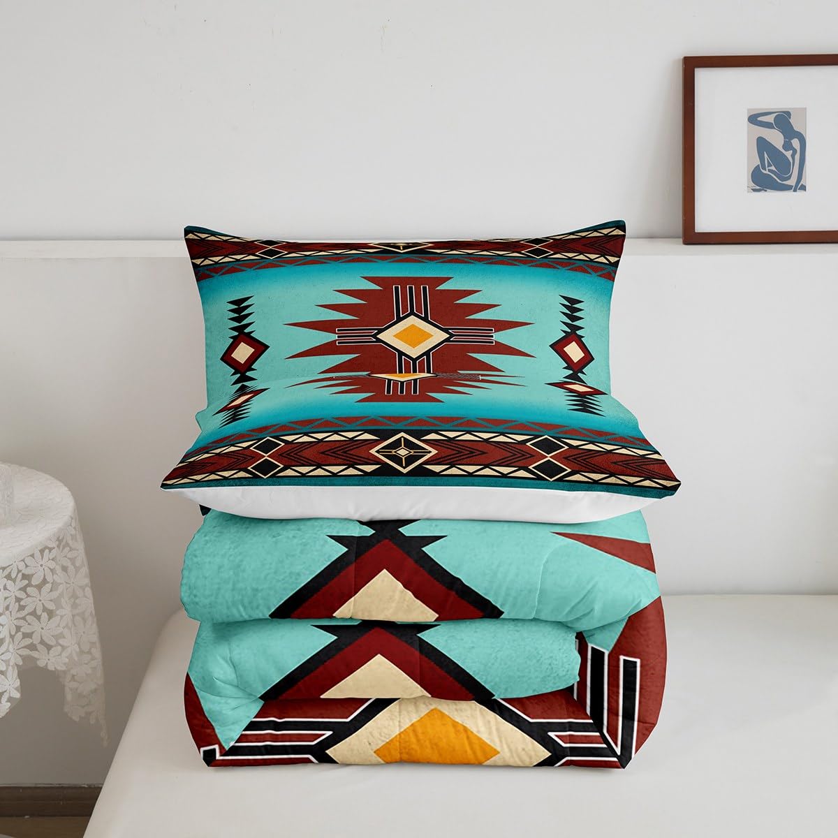 Southwest Comforter Set Queen Size,Geometric Aztec Tribal Striped Print Quilt Set Rustic Western Bedding Set for Kids Girls Woman Men Room Decor,Adult Retro Turquoise Red Duvet Insert 3Pcs