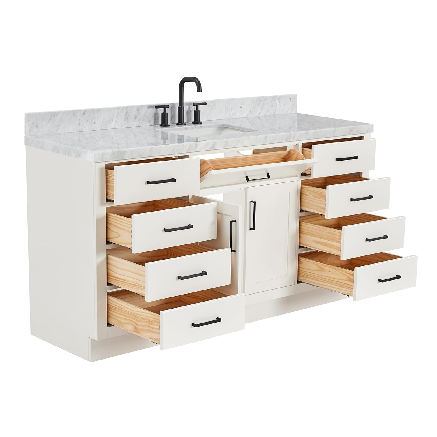 ARIEL Single Bath Vanity 67" White, 1.5" Carrara Marble Countertop & Splash, Rectangular Sink, 2 Soft Closing Doors, 9 Full Extension Dovetail Drawers, Toe Kick, Matte Black