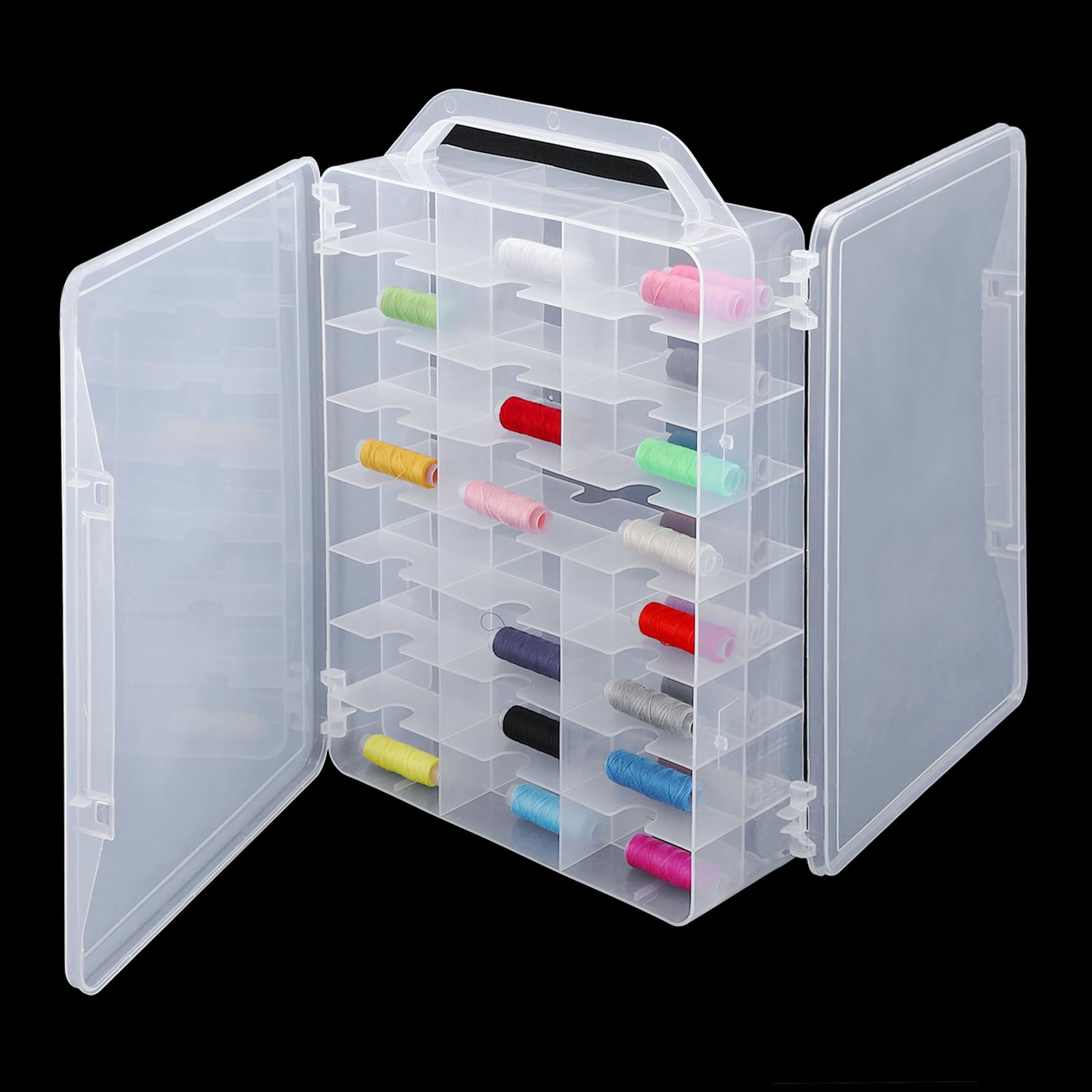 Udefineit Double Sided 46 Grids Sewing Organizer, Large Clear Plastic Container Sewing Spool Thread Storage Box, Portable Bobbins Organizer Case for Embroidery Floss, Craft Beads, Jewelry, Nail Polish