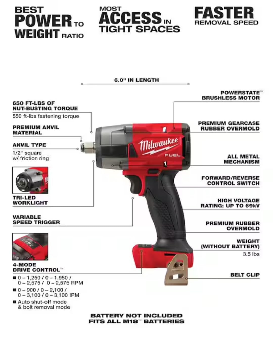 2962-20 For Milwaukee M18 FUEL™ 1/2" Mid-Torque Impact Wrench w/Friction Ring Bare