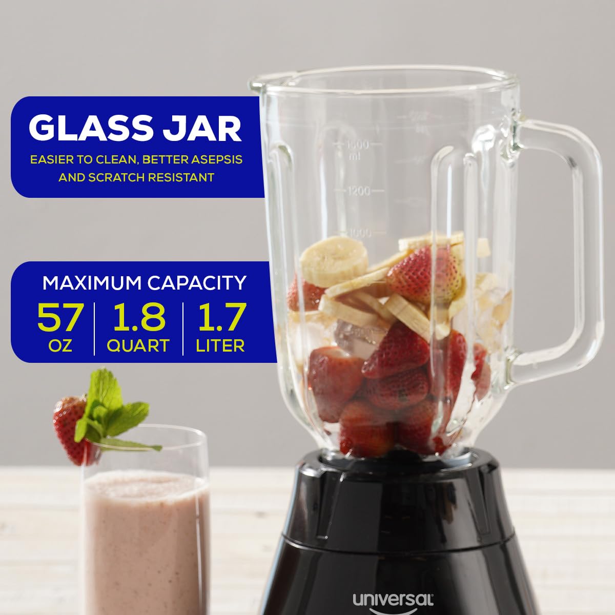 Universal 550W Mass Vital Blender with Glass Jar 57 Oz / 1.7 Liter / 1.8 Quart, 2 Speed + Pulse Function and 4 Stainless Steel Blade with Chrome Steel Technology