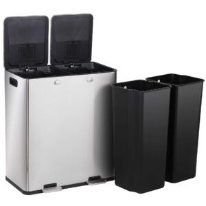 f2c 16 gallon(60l) dual trash can,stainless steel step-on kitchen garbage can with lids, foot pedals and inner buckets,rectangular dual compartment recycling bins for kitchen office home use,silver