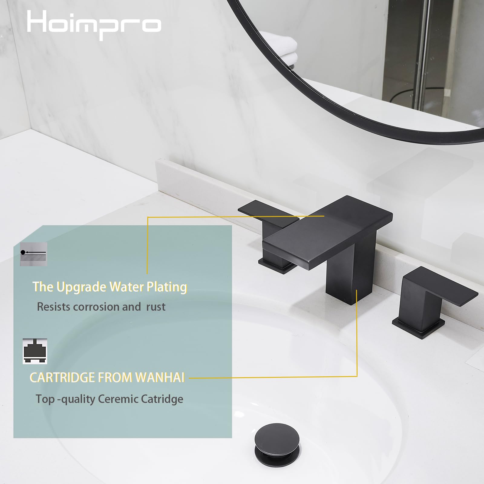 Hoimpro 8 Inch Widespread Waterfall Bathroom Sink Faucet, Square Two Handle Vanity Black Bathroom Faucet with cUPC Supply Hose, 3 Holes Faucet with Pop Up Drain, Stainless Steel, Matte Black