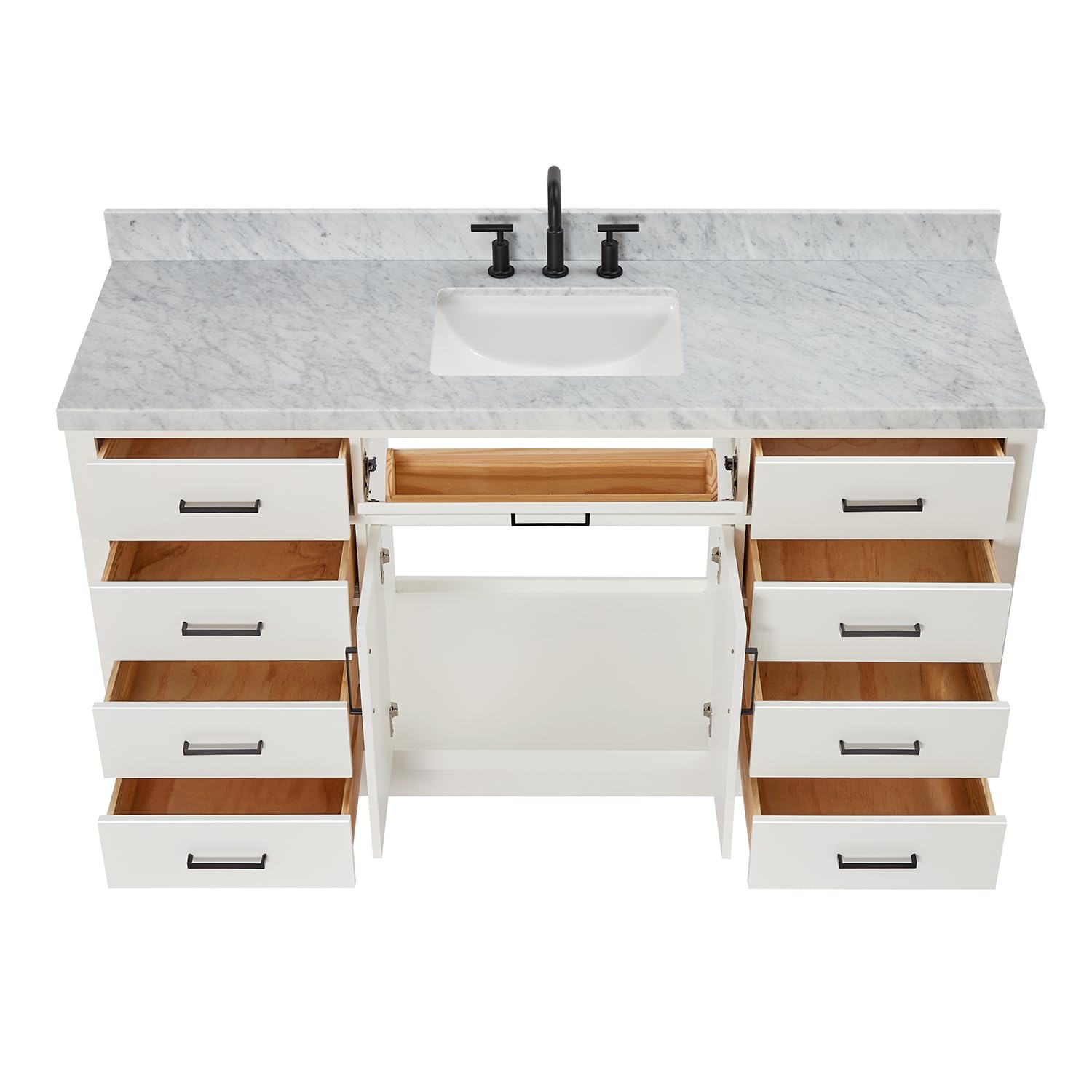 ARIEL Single Bath Vanity 67" White, 1.5" Carrara Marble Countertop & Splash, Rectangular Sink, 2 Soft Closing Doors, 9 Full Extension Dovetail Drawers, Toe Kick, Matte Black