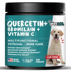 pet lol quercetin for dogs with bromelain and vitamin c | 3-in-1 supplement for dog allergies, immune support, itch relief, promote inflammatory relief & antioxidant activity | 120 chewable tablets